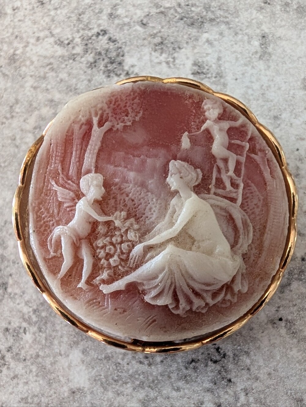 Vintage Resin Cameo Brooch Depicting Cherubs And A Lady